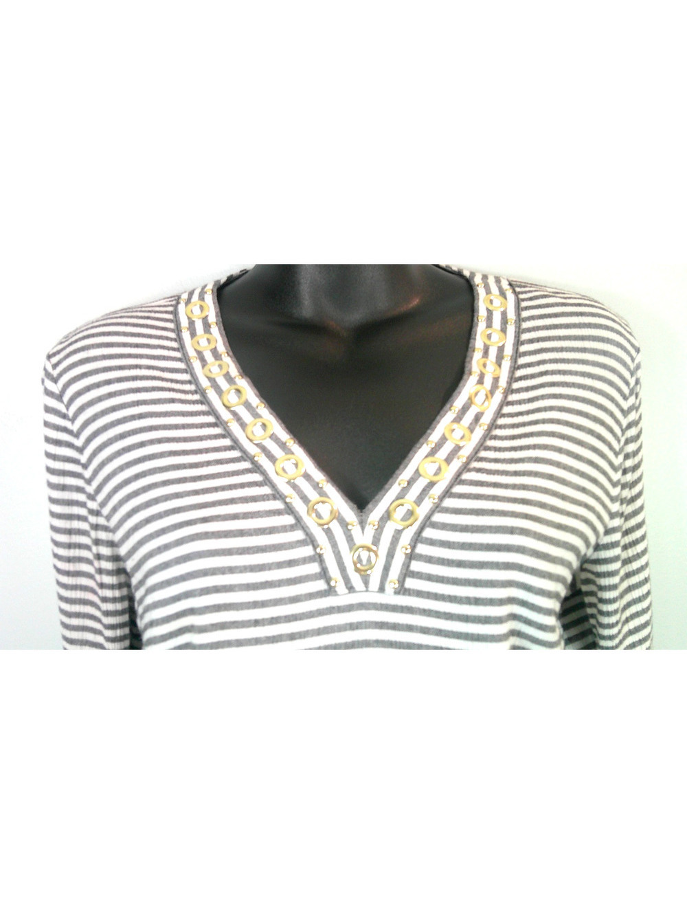 Michael Kors Striped V-neck Women's Small Long Sleeve Blouse Gold Embellishments